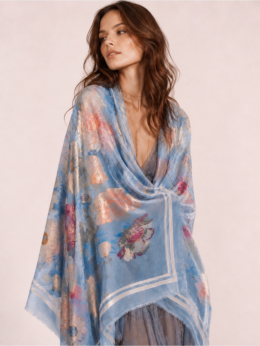 Floral Kimono Wrap Women OS Blue Burnout Velvet Metallic Gold Excellent